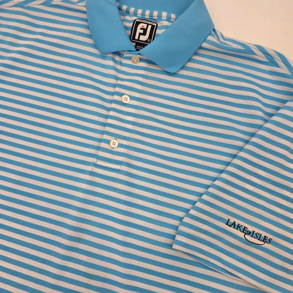 FOOTJOY GOLF POLO FOXWOODS LAKE OF ISLES MENS XL BLUE WHITE STRIPED COURSE EUC